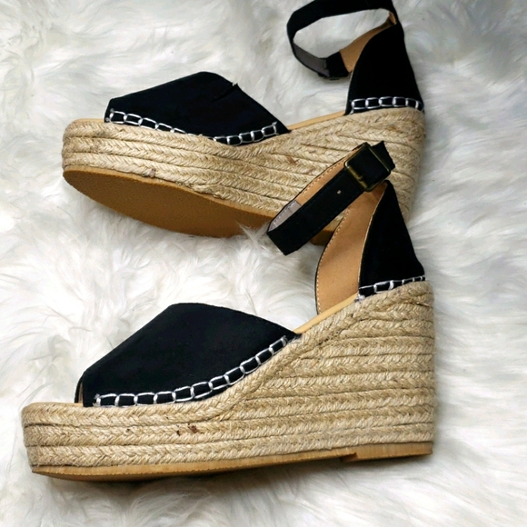 Blqck Platform Open Toe Espadrilles Wedge Heels strap - Picture 8 of 10